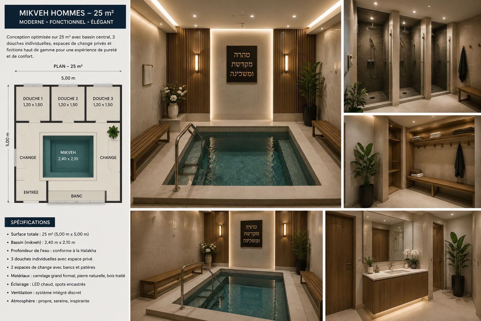 Planche de projection : mikveh hommes de 25 m², plan et rendus
